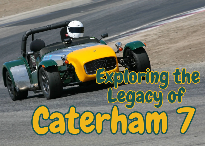Shows a Yellow Caterham Super 7 Being Races with Blog title
