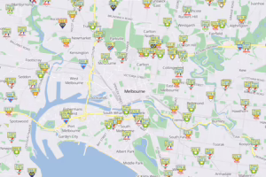 A fuel map of Melbourne, showing petrol stations and their prices. showing fuel efficiency tips